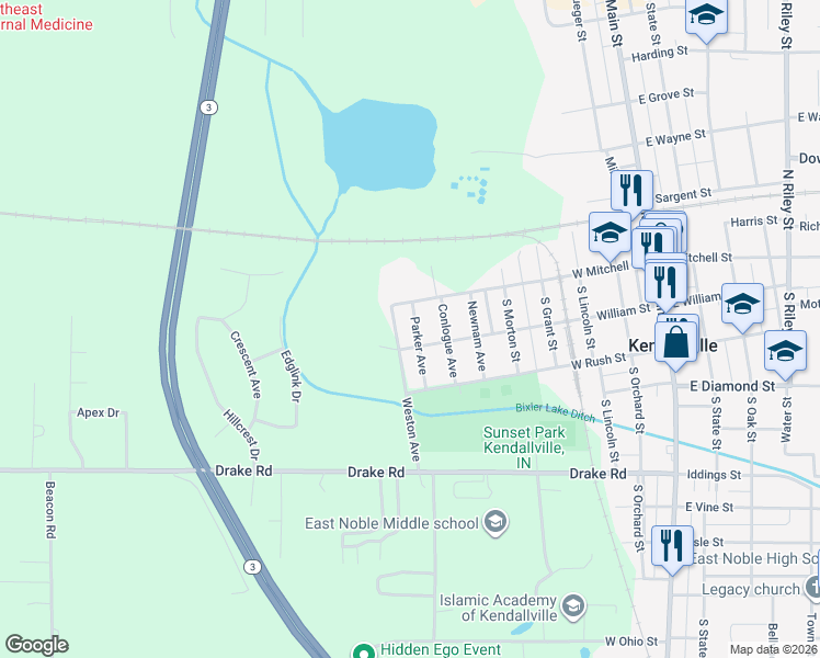 map of restaurants, bars, coffee shops, grocery stores, and more near 113-115 Parker Avenue in Kendallville