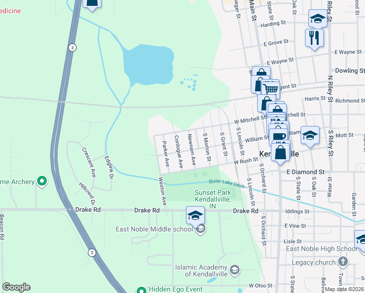 map of restaurants, bars, coffee shops, grocery stores, and more near 618 West Williams Street in Kendallville