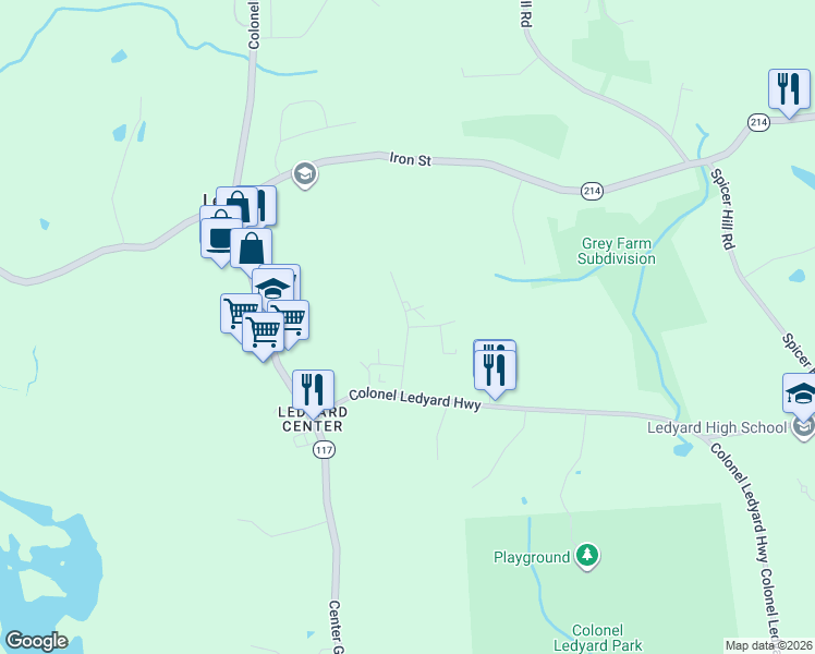 map of restaurants, bars, coffee shops, grocery stores, and more near 11 Fairway Drive in Ledyard