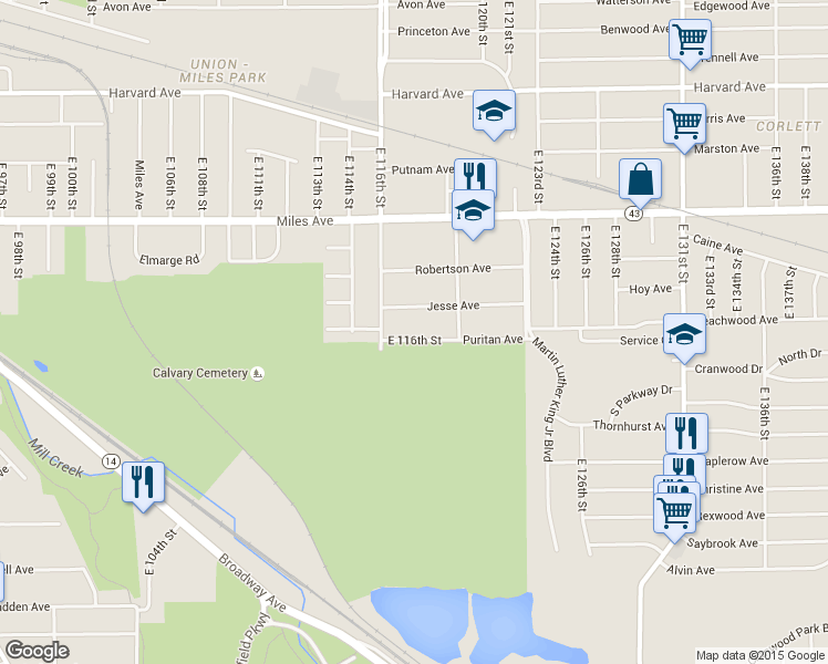 map of restaurants, bars, coffee shops, grocery stores, and more near 11705 Puritan Ave in Cleveland
