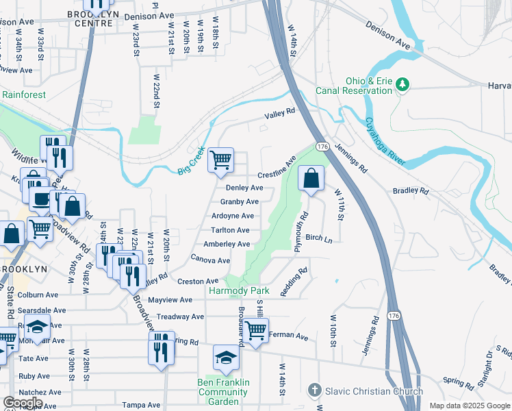 map of restaurants, bars, coffee shops, grocery stores, and more near 1505 Granby Avenue in Cleveland