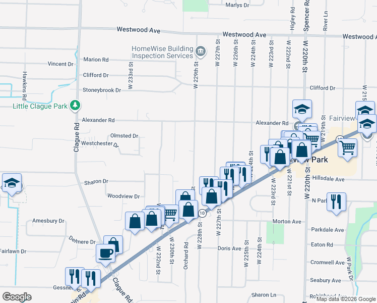 map of restaurants, bars, coffee shops, grocery stores, and more near 4256 West 229th Street in Fairview Park