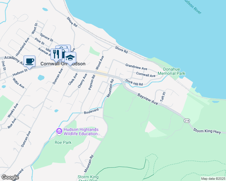 map of restaurants, bars, coffee shops, grocery stores, and more near 19 Mountain Road in Cornwall-on-Hudson