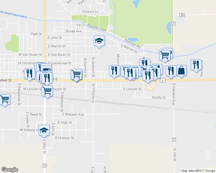 map of restaurants, bars, coffee shops, grocery stores, and more near 856 East Lincoln Street in Nappanee