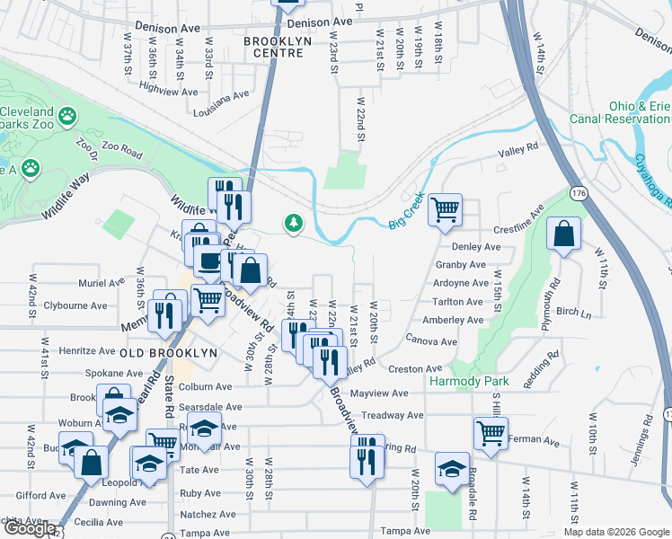 map of restaurants, bars, coffee shops, grocery stores, and more near 4183 West 22nd Street in Cleveland