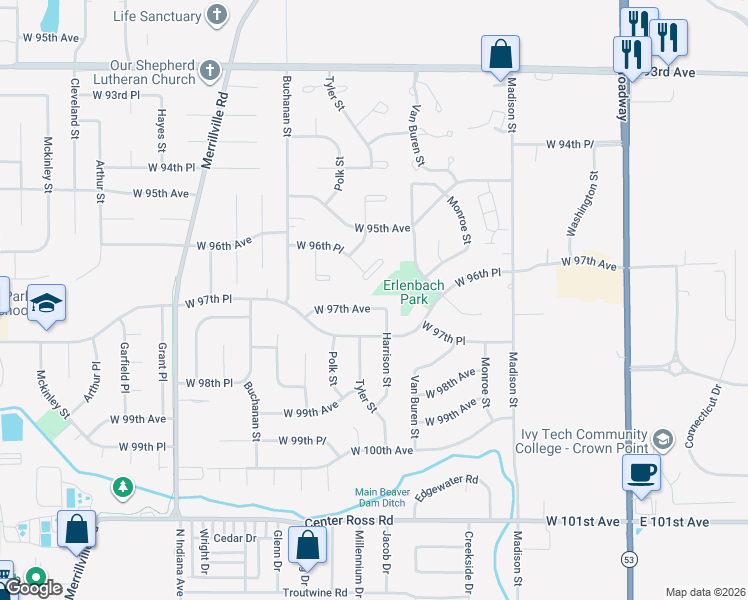 map of restaurants, bars, coffee shops, grocery stores, and more near 1410 West 97th Avenue in Crown Point