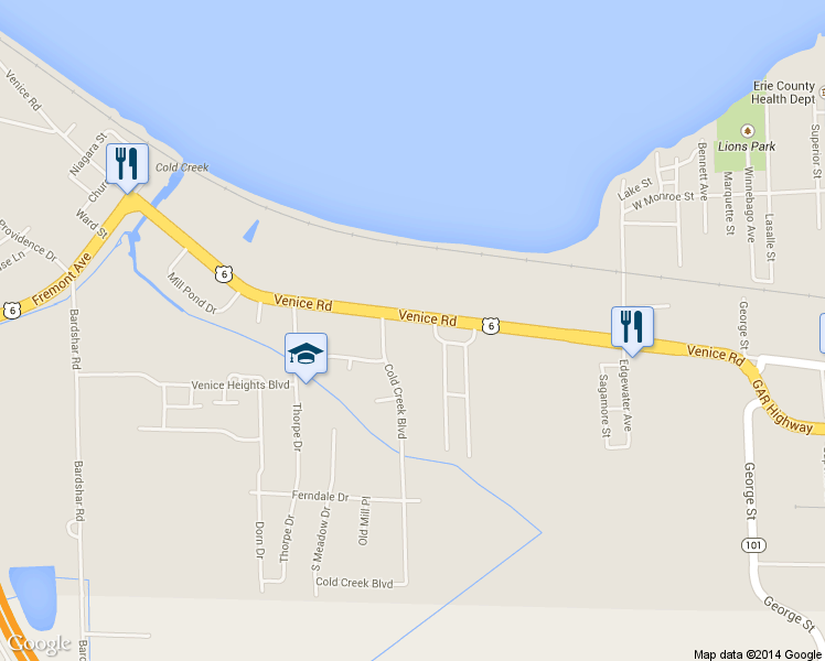 map of restaurants, bars, coffee shops, grocery stores, and more near 4108 Venice Rd in Sandusky