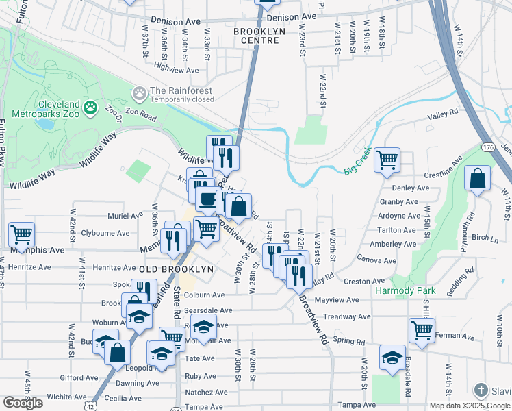 map of restaurants, bars, coffee shops, grocery stores, and more near 2802 Henninger Road in Cleveland