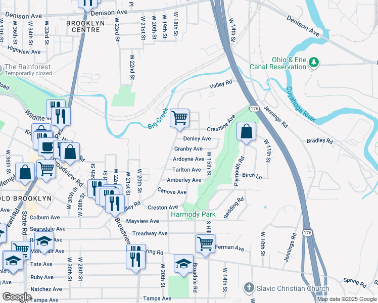map of restaurants, bars, coffee shops, grocery stores, and more near 1621 Granby Avenue in Cleveland