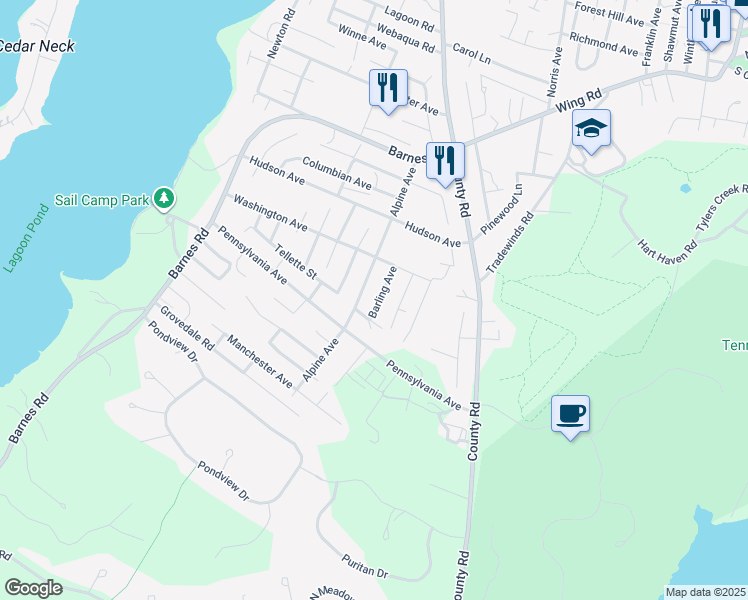 map of restaurants, bars, coffee shops, grocery stores, and more near 19 Barling Avenue in Oak Bluffs