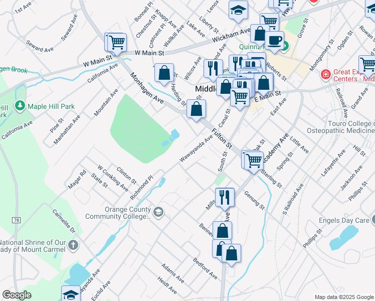 map of restaurants, bars, coffee shops, grocery stores, and more near 40-42 Wawayanda Avenue in Middletown