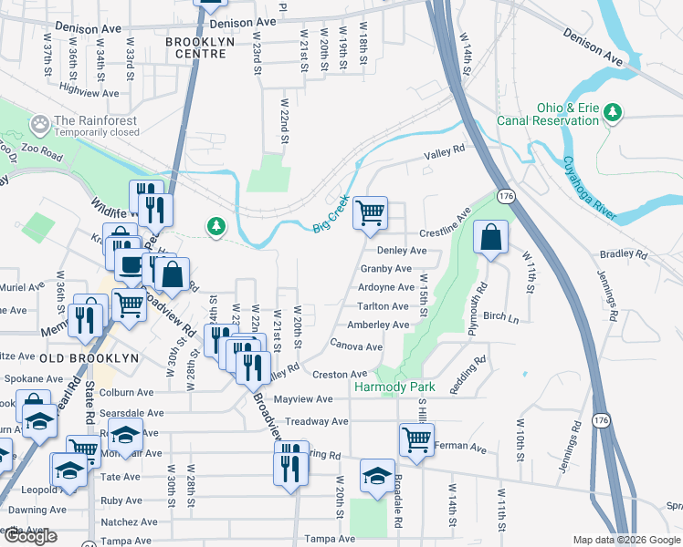 map of restaurants, bars, coffee shops, grocery stores, and more near 4100 Valley Road in Cleveland