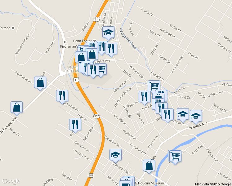 map of restaurants, bars, coffee shops, grocery stores, and more near 1762 Bloom Avenue in Scranton