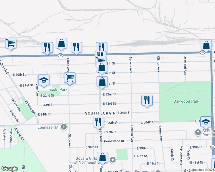 map of restaurants, bars, coffee shops, grocery stores, and more near 1820 East 31st Street in Lorain