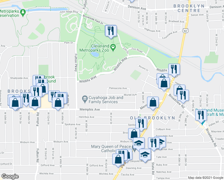 map of restaurants, bars, coffee shops, grocery stores, and more near 4109 Pensacola Ave in Cleveland