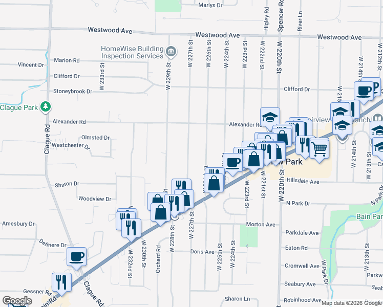 map of restaurants, bars, coffee shops, grocery stores, and more near 4217 West 227th Street in Fairview Park