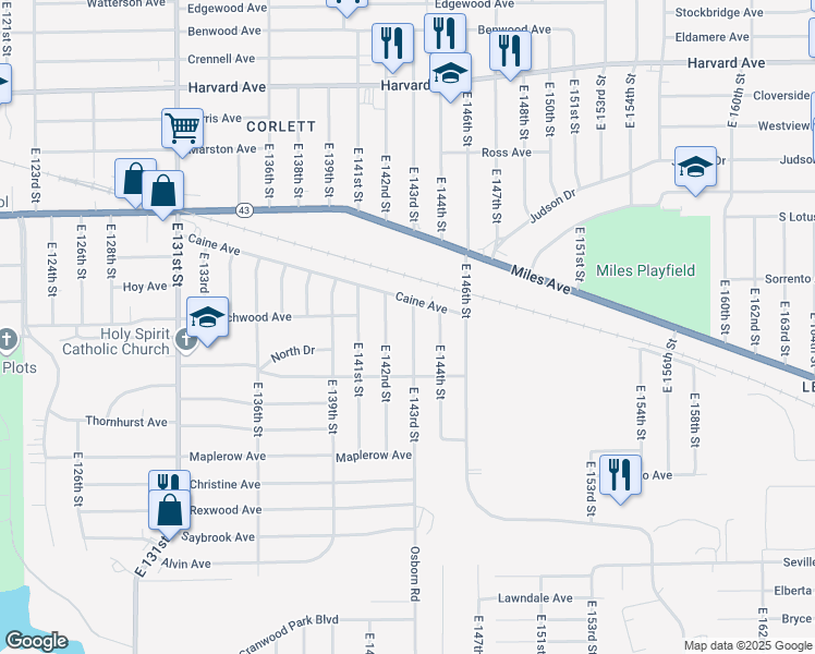 map of restaurants, bars, coffee shops, grocery stores, and more near 4328 East 143rd Street in Cleveland