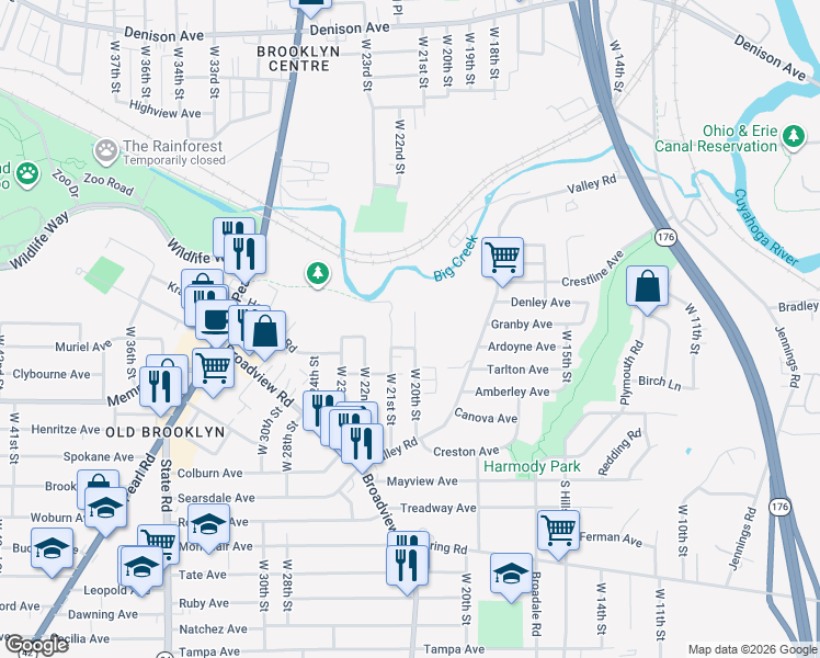 map of restaurants, bars, coffee shops, grocery stores, and more near 4178 West 20th Street in Cleveland