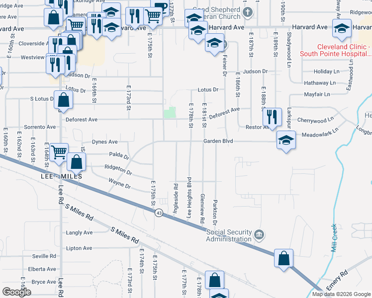 map of restaurants, bars, coffee shops, grocery stores, and more near 4344 Lee Heights Boulevard in Cleveland