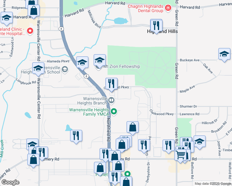 map of restaurants, bars, coffee shops, grocery stores, and more near 4337 Clarkwood Parkway in Warrensville Heights