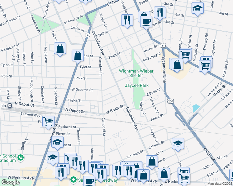 map of restaurants, bars, coffee shops, grocery stores, and more near 1521 Columbus Avenue in Sandusky