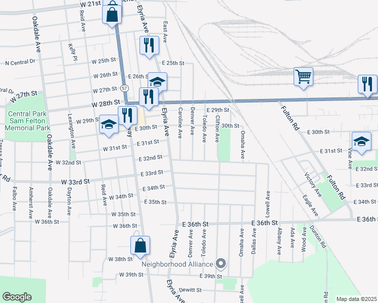 map of restaurants, bars, coffee shops, grocery stores, and more near 3142 Denver Ave in Lorain