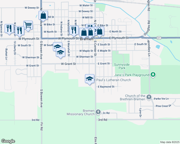 map of restaurants, bars, coffee shops, grocery stores, and more near 520 South Jackson Street in Bremen