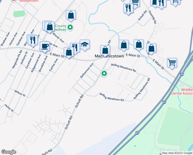 map of restaurants, bars, coffee shops, grocery stores, and more near 261 Schutt Road in Middletown