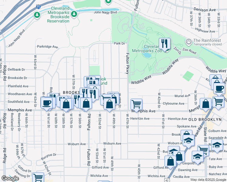 map of restaurants, bars, coffee shops, grocery stores, and more near 4209 West 49th Street in Cleveland