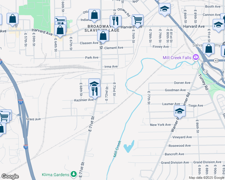 map of restaurants, bars, coffee shops, grocery stores, and more near 4302 East 73rd Street in Cleveland