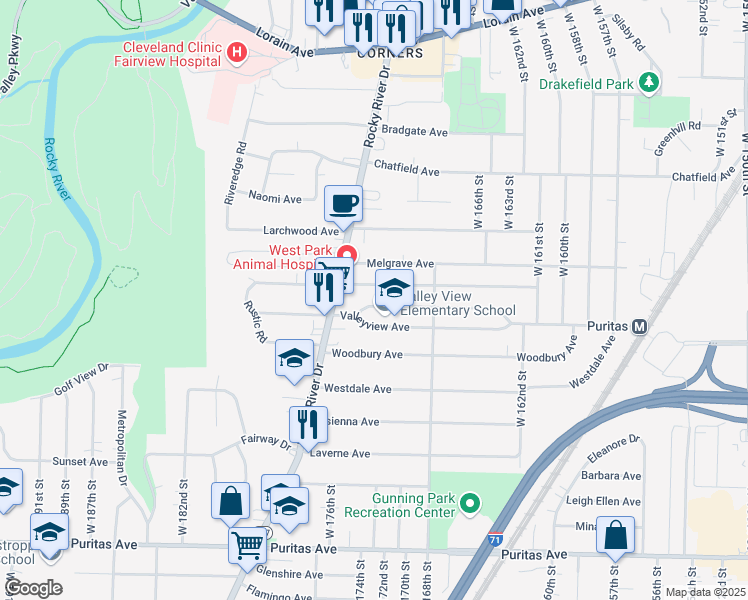 map of restaurants, bars, coffee shops, grocery stores, and more near 17200 Pearldale Ave in Cleveland