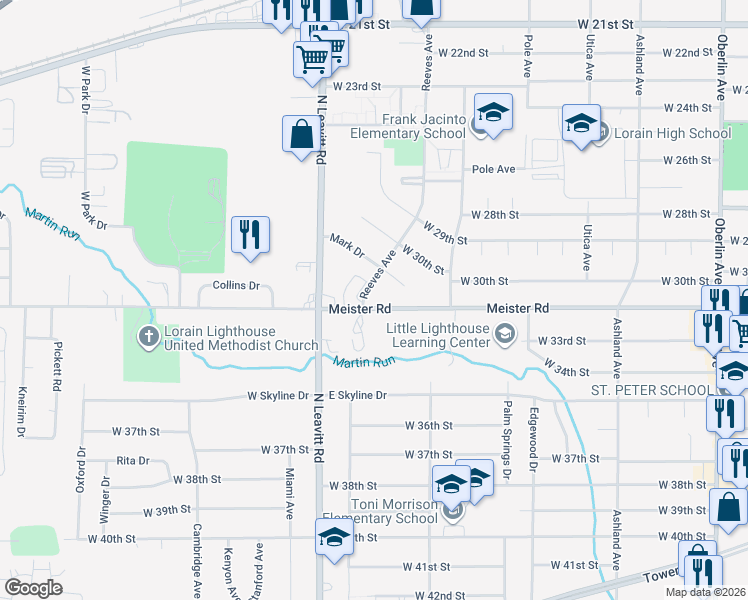 map of restaurants, bars, coffee shops, grocery stores, and more near 1948 Meister Road in Lorain