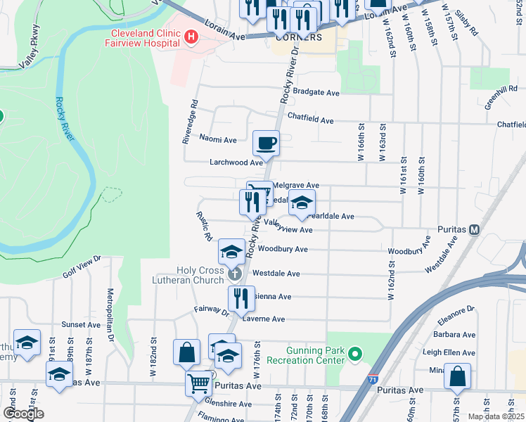 map of restaurants, bars, coffee shops, grocery stores, and more near 4153 Rocky River Drive in Cleveland