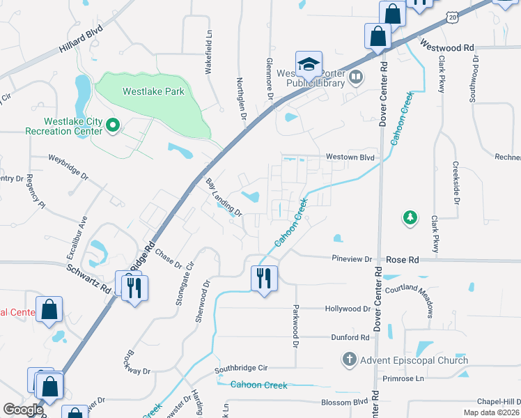 map of restaurants, bars, coffee shops, grocery stores, and more near 2960 South Bay Drive in Westlake