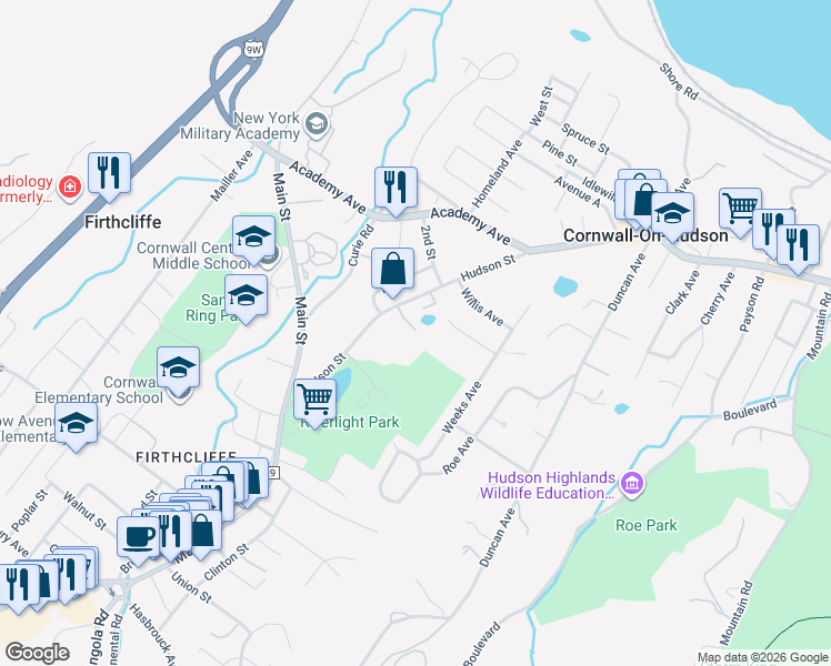map of restaurants, bars, coffee shops, grocery stores, and more near 8 Kelly Lane in Cornwall-on-Hudson