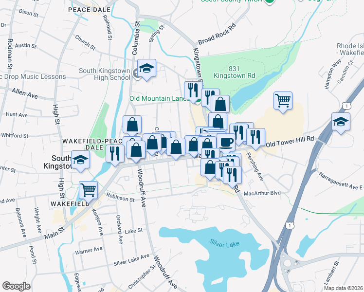 map of restaurants, bars, coffee shops, grocery stores, and more near 27 Oak Street in South Kingstown