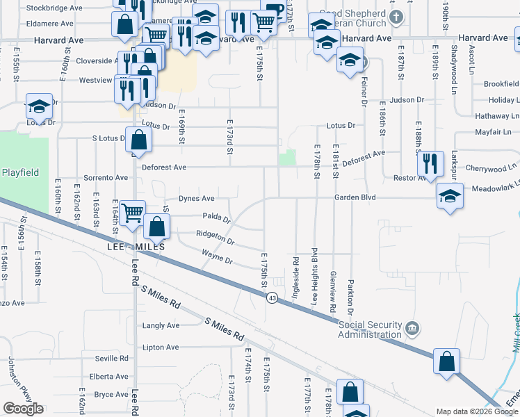 map of restaurants, bars, coffee shops, grocery stores, and more near 4309 East 175th Street in Cleveland