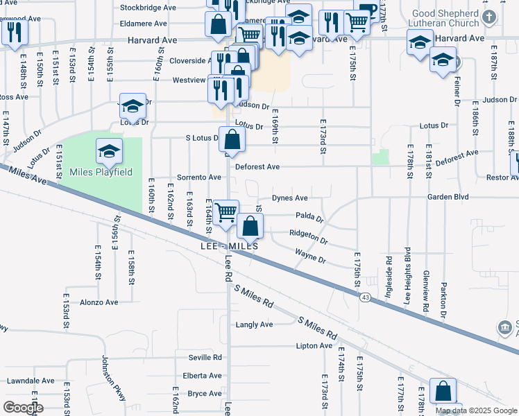 map of restaurants, bars, coffee shops, grocery stores, and more near 16705 Palda Drive in Cleveland