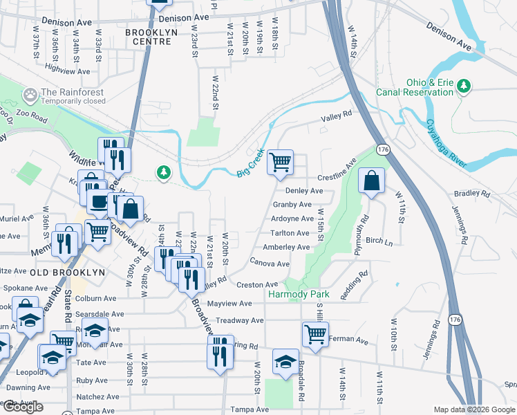 map of restaurants, bars, coffee shops, grocery stores, and more near 4100 Valley Road in Cleveland