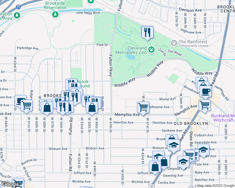 map of restaurants, bars, coffee shops, grocery stores, and more near 4211 Fulton Parkway in Cleveland
