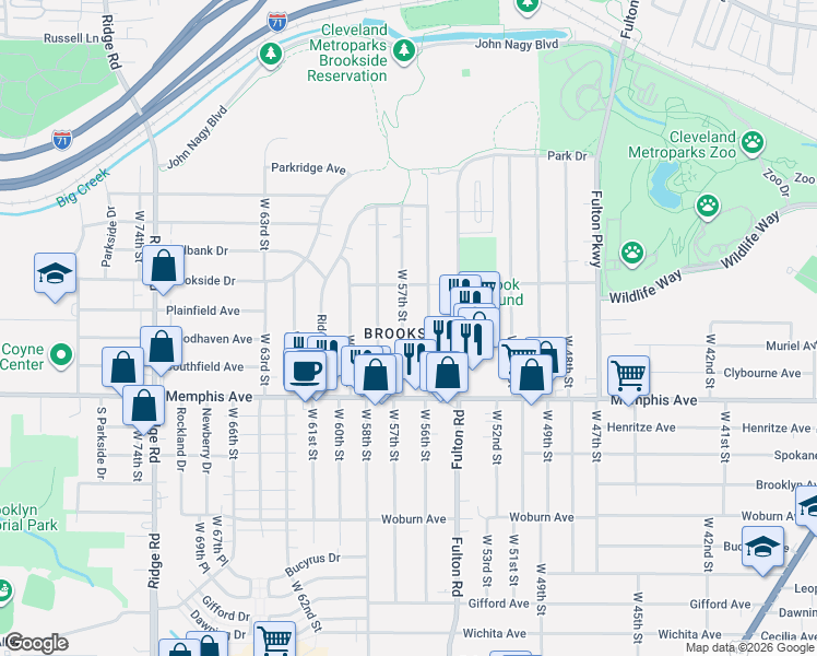 map of restaurants, bars, coffee shops, grocery stores, and more near 4212 West 57th Street in Cleveland