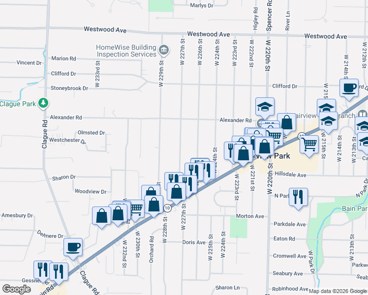 map of restaurants, bars, coffee shops, grocery stores, and more near 4217 West 227th Street in Fairview Park