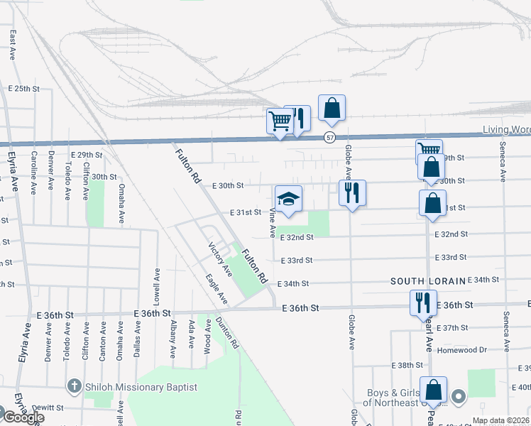 map of restaurants, bars, coffee shops, grocery stores, and more near 3110 Vine Avenue in Lorain