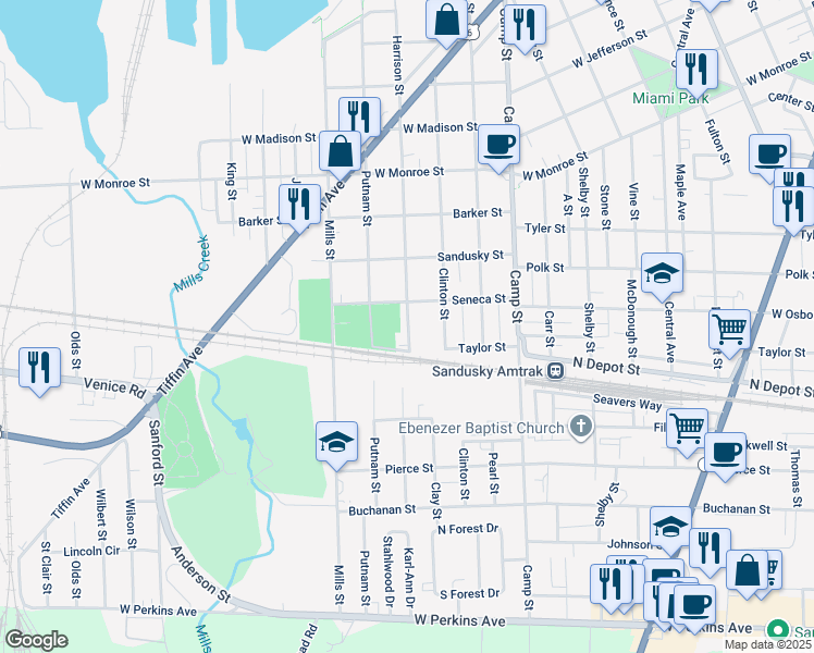 map of restaurants, bars, coffee shops, grocery stores, and more near 1400 Mills Street in Sandusky