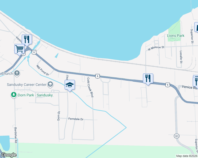 map of restaurants, bars, coffee shops, grocery stores, and more near 4108 Venice Road in Sandusky