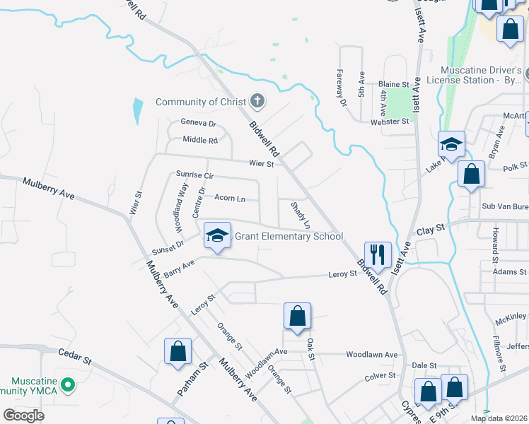 map of restaurants, bars, coffee shops, grocery stores, and more near 1211 Sunrise Cir in Muscatine