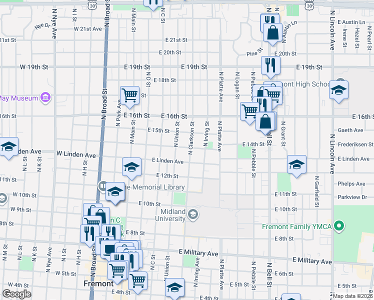 map of restaurants, bars, coffee shops, grocery stores, and more near 1349 North Clarkson Street in Fremont
