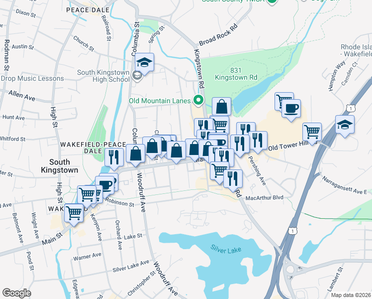 map of restaurants, bars, coffee shops, grocery stores, and more near 27 Oak Street in Wakefield-Peacedale