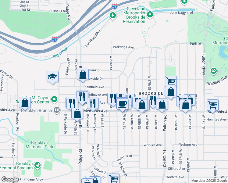 map of restaurants, bars, coffee shops, grocery stores, and more near 4211 W 63rd St in Cleveland