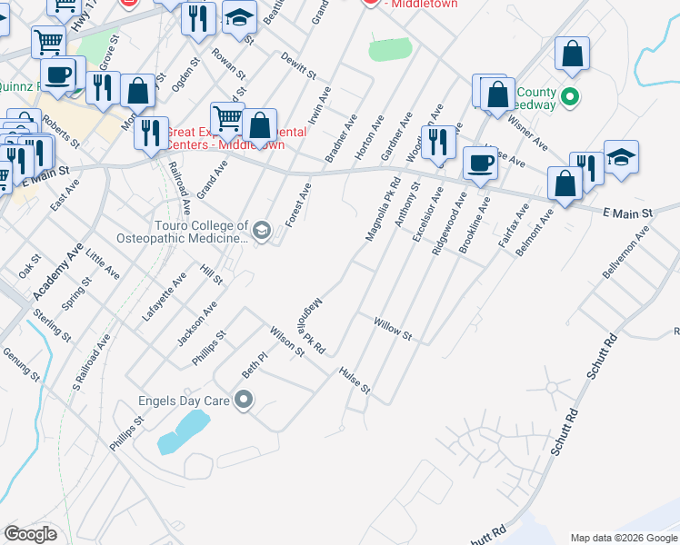 map of restaurants, bars, coffee shops, grocery stores, and more near 68 Magnolia Park Road in Middletown